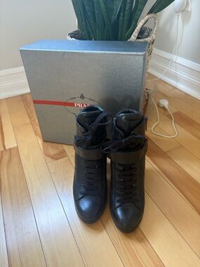 Prada Black Lace-Up Leather Ankle Boots with Strap